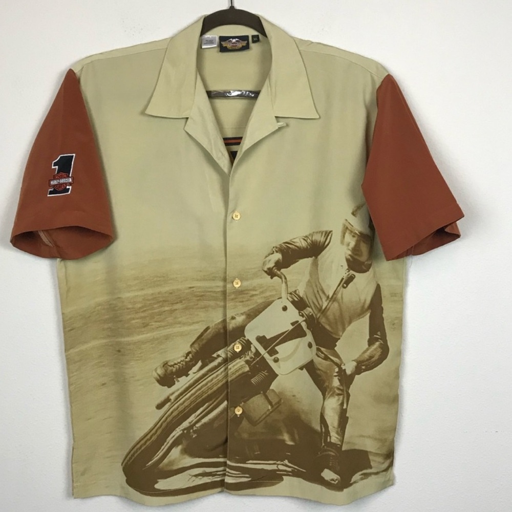Men's XL vintage brown and beige button down Harley Motorcycle Print Shirt